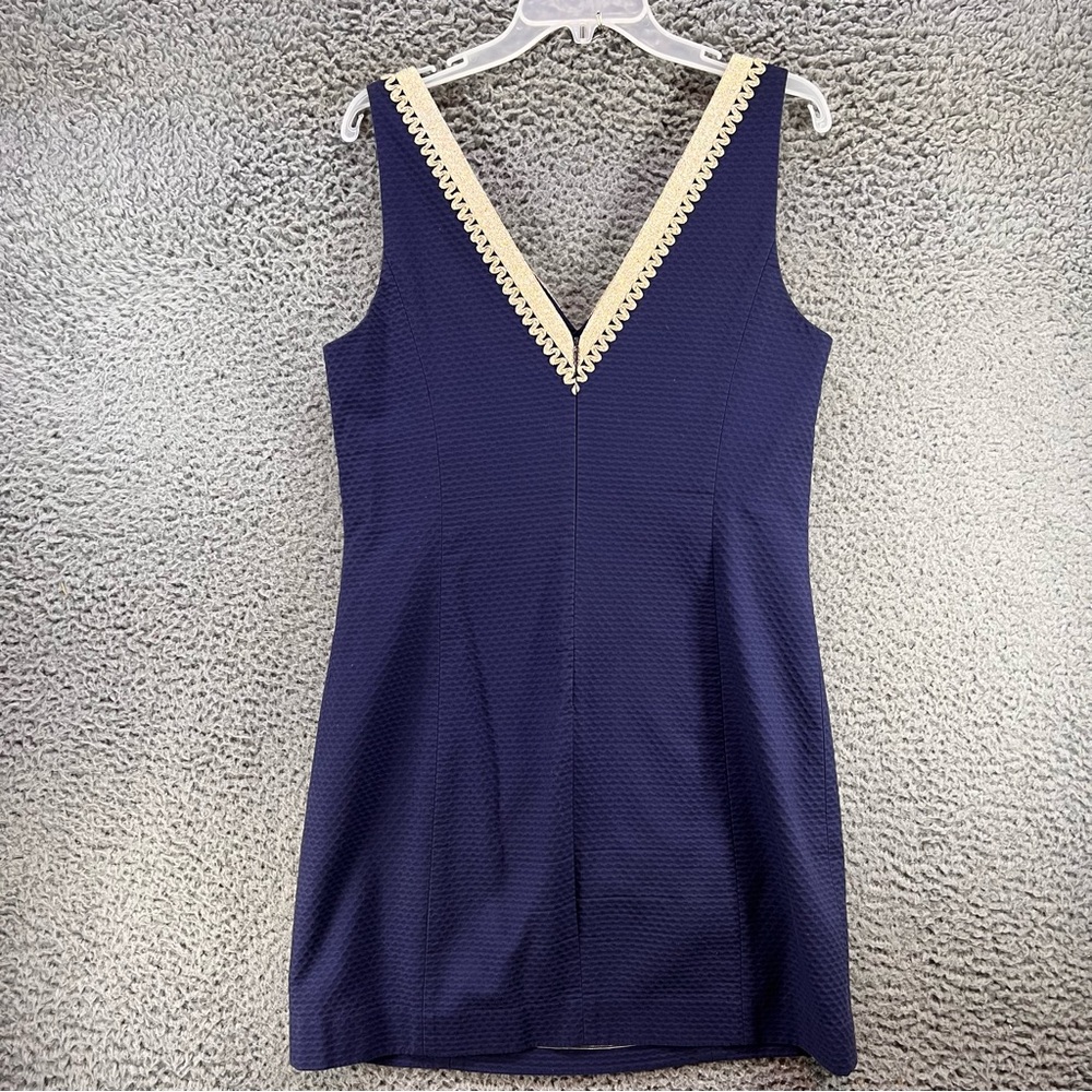 Lilly Pulitzer Junie True Shift Dress Sz 8 Blue/Gold V-Neck Nautical Resortwear - Picture 12 of 15